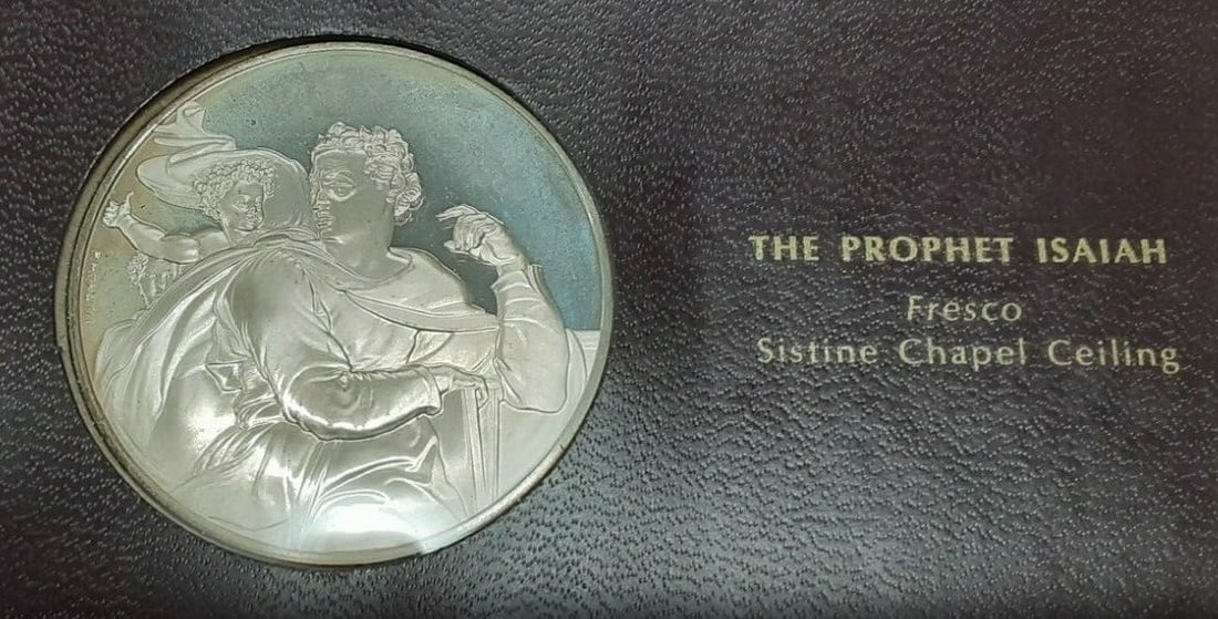 Genius of Michelangelo .925 Silver Medal Featuring The Prophet Isaiah: Genius of Michelangelo .925 Silver Medal Featuring The Prophet Isaiah This Franklin Mint Genius of Michelangelo PF .925 silver medal features The Prophet Isaiah. Crafted in the United States, this unc