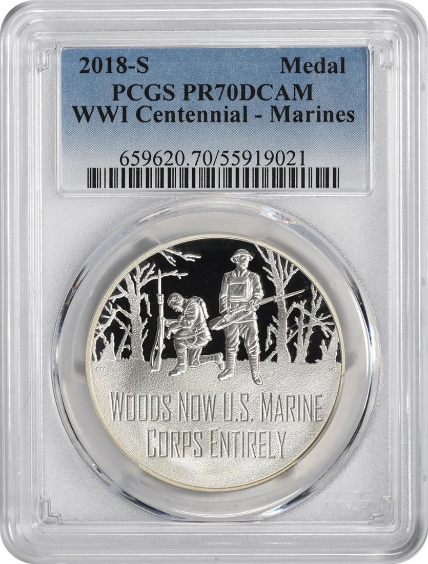 2018-S Marines Silver Medal PR70DCAM PCGS World War I Centennial: 2018-S Marines Silver Medal PR70DCAM PCGS World War I Centennial Celebrate the centennial of World War I with this exceptional 2018-S Silver Medal honoring the U.S. Marines. This proof coin has achiev