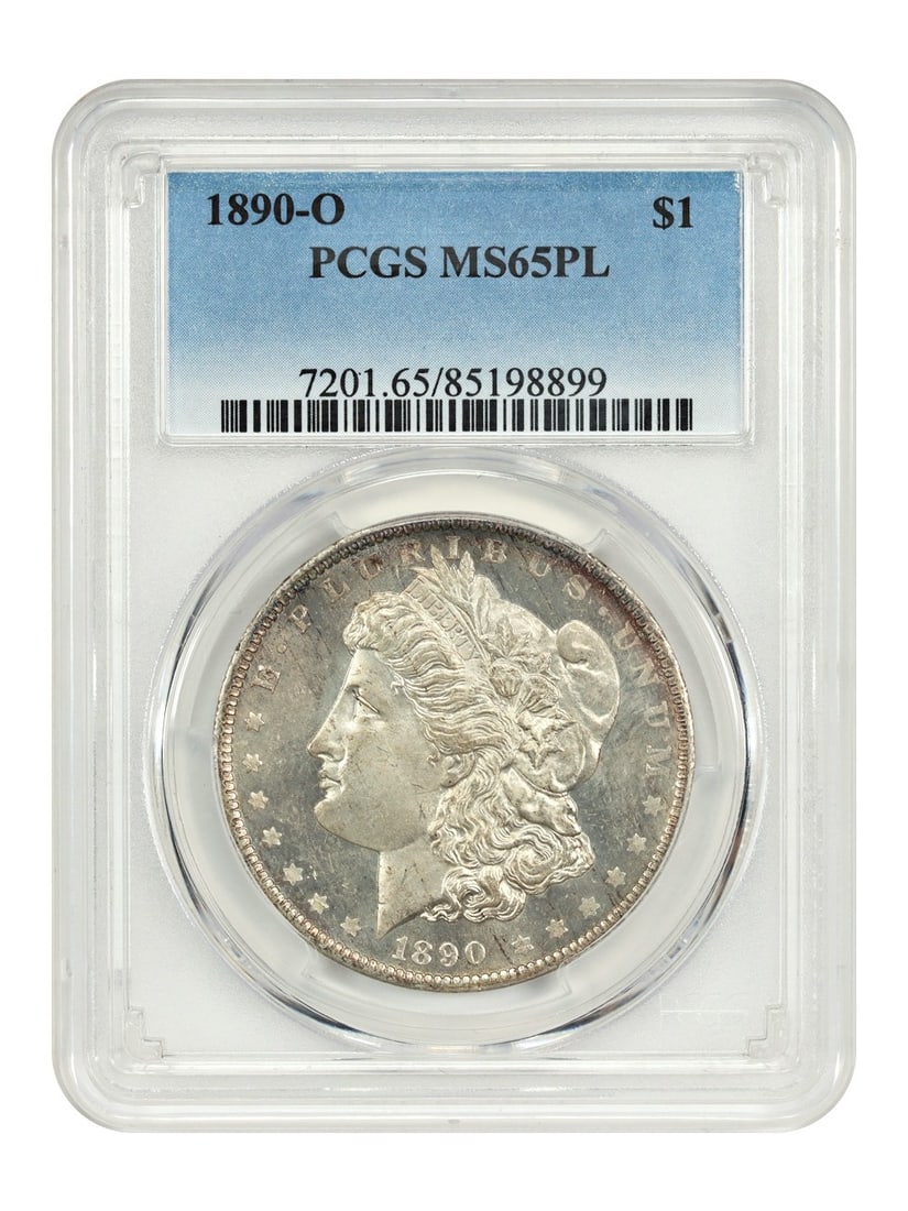 PCGS MS65PL 1890-O Morgan Silver Dollar New Orleans Mint: PCGS MS65PL 1890-O Morgan Silver Dollar New Orleans Mint This 1890-O Morgan Dollar is certified by PCGS with a grade of MS65PL, indicating a proof-like strike. The coin remains uncirculated and featur