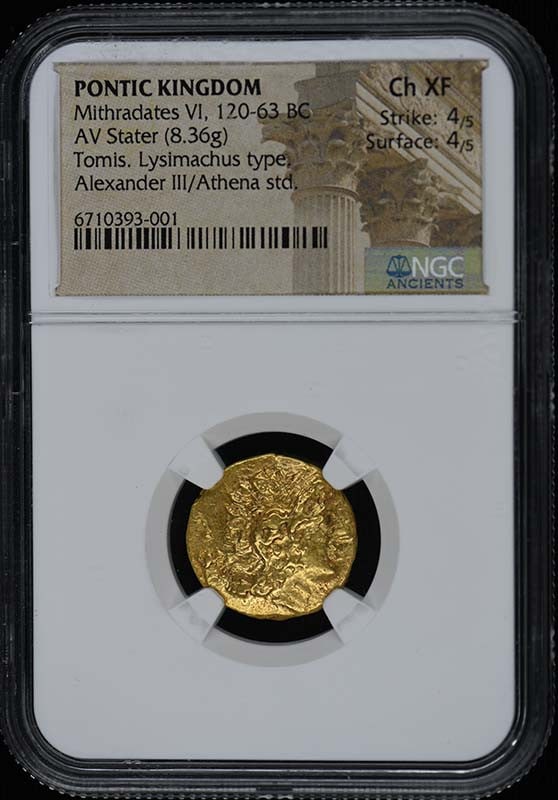 Mithradates VI AV Stater Ancient Greek Coin NGC XF45: Mithradates VI AV Stater Ancient Greek Coin NGC XF45 This ancient coin features a stunning AV Stater from the Pontic Kingdom, minted during the reign of Mithradates VI (120-63 BC). Graded XF45 by NGC,
