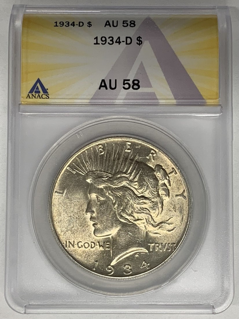 1934-D Peace Silver Dollar Coin ANACS AU 58 Denver Mint (1 of 2)