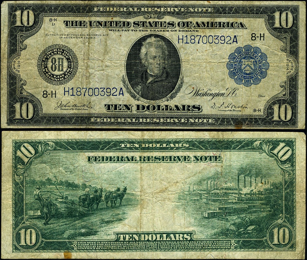 1914 $10 Federal Reserve Note FR. 934 St. Louis Circulated (1 of 3)
