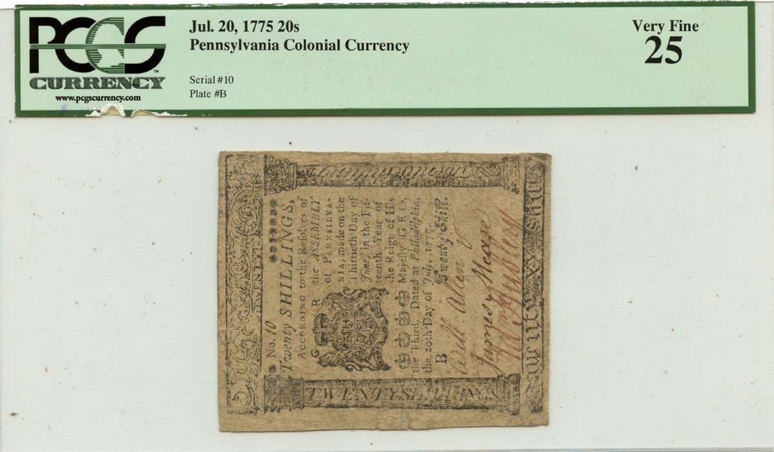 1775 Pennsylvania Colonial 20s Note FR#PA-178 PCGS VF25 Serial #10 (1 of 2)
