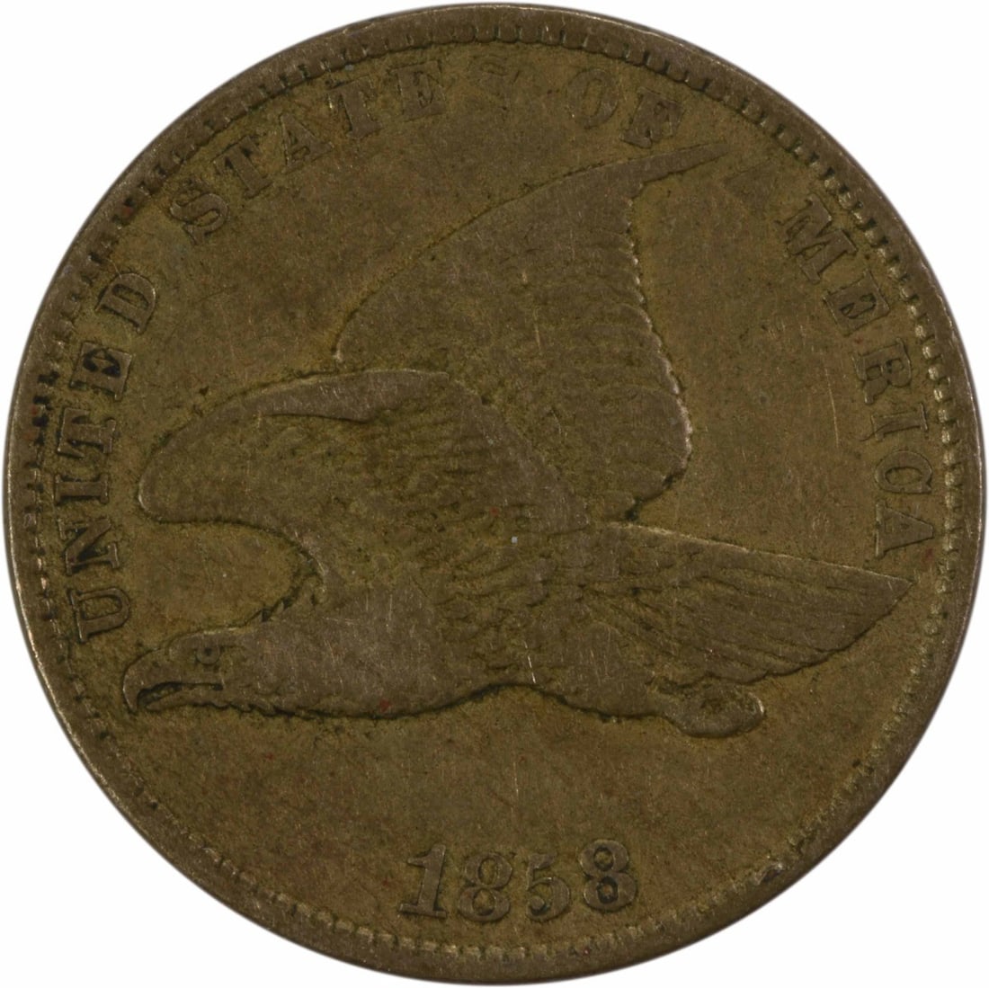 1858 Flying Eagle Cent Small Letters VF Uncertified Copper Nickel Coin: 1858 Flying Eagle Cent Small Letters VF Uncertified Copper Nickel Coin This 1858 Flying Eagle Cent features the small letters designation, showcasing its historical significance and unique characteris