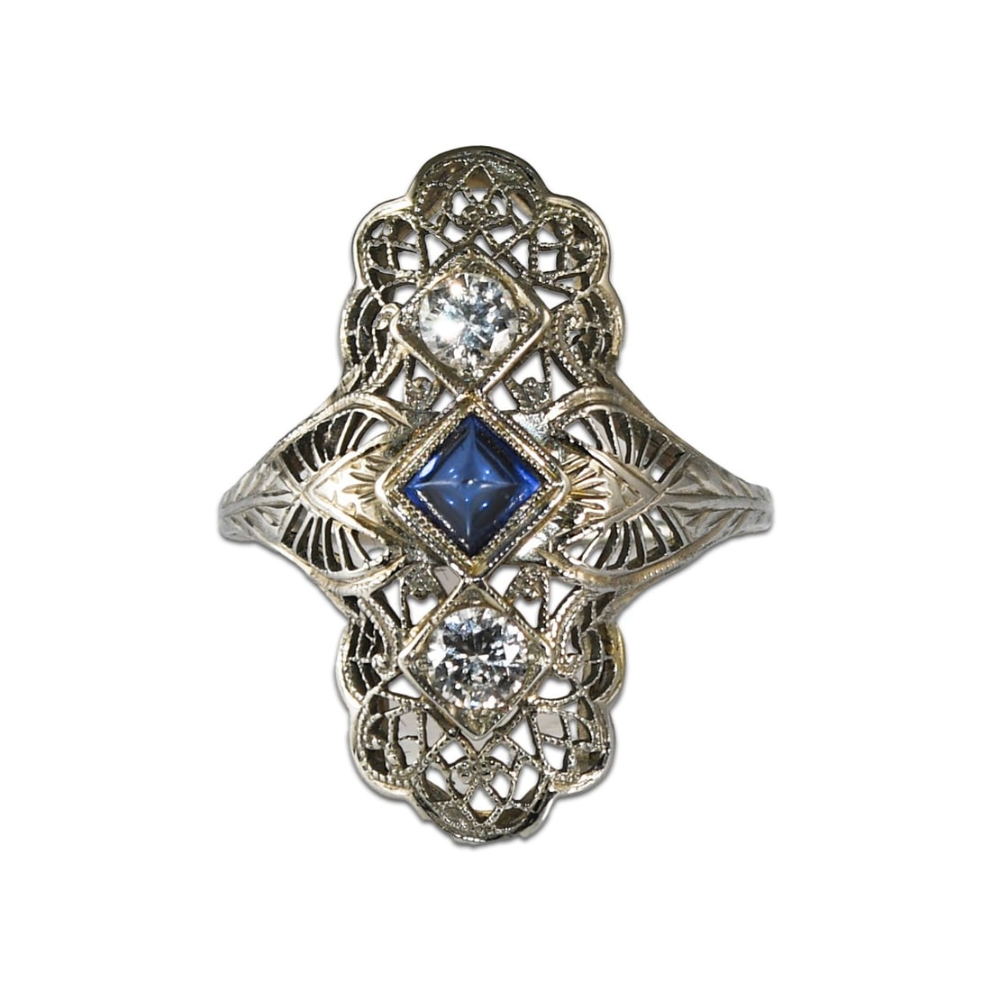 18K White Gold Art Deco Ring with Blue Sapphire and Diamonds (1 of 6)