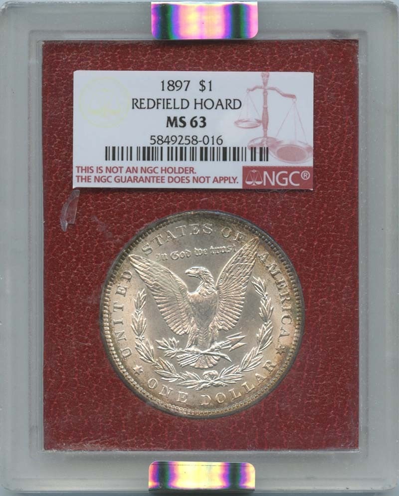 1897 NGC MS63 Morgan Dollar Redfield Hoard Philadelphia Coin: 1897 NGC MS63 Morgan Dollar Redfield Hoard Philadelphia Coin This 1897 $1 Morgan Dollar is a stunning piece that showcases a grade of MS63, certified by NGC. Struck at the Philadelphia Mint, this coin