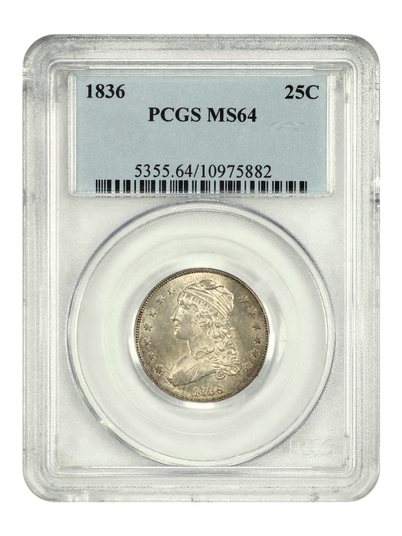 PCGS MS64 1836 Capped Bust Quarter Philadelphia Mint 25C Coin: PCGS MS64 1836 Capped Bust Quarter Philadelphia Mint 25C Coin This 1836 Capped Bust Quarter is graded MS64 by PCGS and was struck at the Philadelphia Mint. The coin displays glowing luster beneath ori