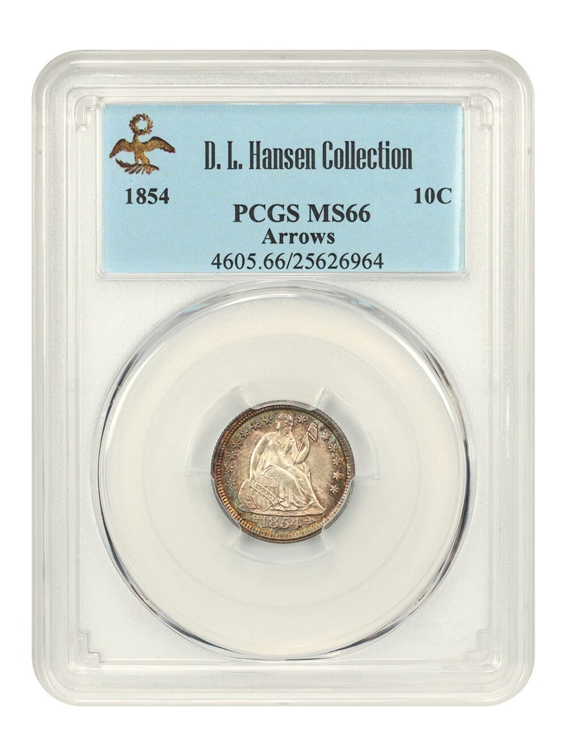 1854 10C PCGS MS66 Liberty Seated Dime Arrows D.L. Hansen: 1854 10C PCGS MS66 Liberty Seated Dime Arrows D.L. Hansen This 1854 10C Liberty Seated Dime has been graded by PCGS as MS66, indicating an uncirculated condition with superb detail. Struck at the Phil