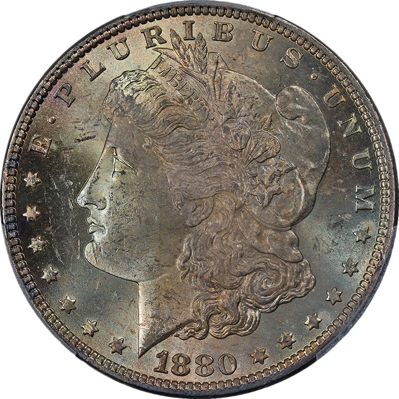 1880-P Morgan Silver Dollar PCGS MS64 Beautiful Toning Stunning Appeal: 1880-P Morgan Silver Dollar PCGS MS64 Beautiful Toning Stunning Appeal This stunning 1880-P Morgan Silver Dollar is graded MS64 by PCGS, showcasing exceptional luster and a striking appearance. The co