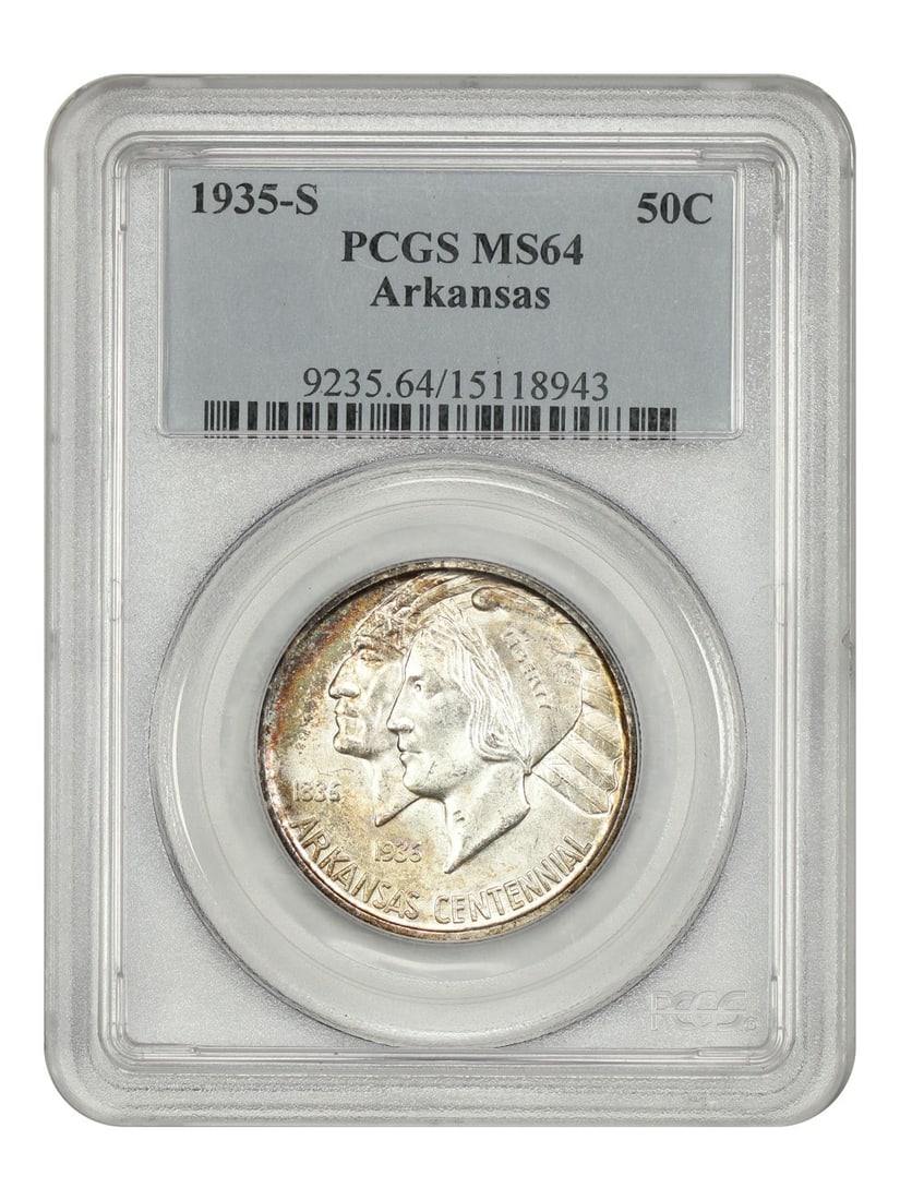 1935-S 50C Arkansas PCGS MS64 Classic Silver Commemorative Low Mintage: 1935-S 50C Arkansas PCGS MS64 Classic Silver Commemorative Low Mintage This 1935-S 50C Arkansas coin is a stunning example of a Classic Silver Commemorative, certified by PCGS with a grade of MS64. St