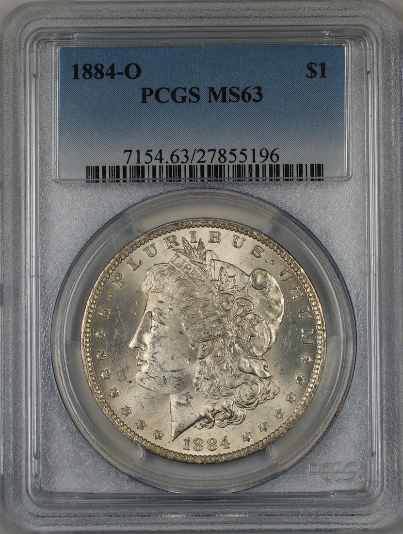 1884-O Morgan Silver Dollar Coin PCGS MS 63 Uncirculated Silver: 1884-O Morgan Silver Dollar Coin PCGS MS 63 Uncirculated Silver This 1884-O Morgan Silver Dollar is a stunning piece of American numismatic history. Graded MS 63 by PCGS, this uncirculated coin showca