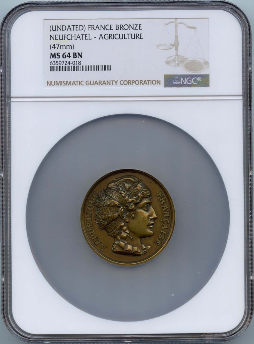 France Bronze Neufchatel Agricultural Medal 47mm NGC MS64BN Certified: France Bronze Neufchatel Agricultural Medal 47mm NGC MS64BN Certified This France Bronze Neufchatel Agricultural Medal features an impressive diameter of 47mm and has been graded by NGC as MS64BN, ind