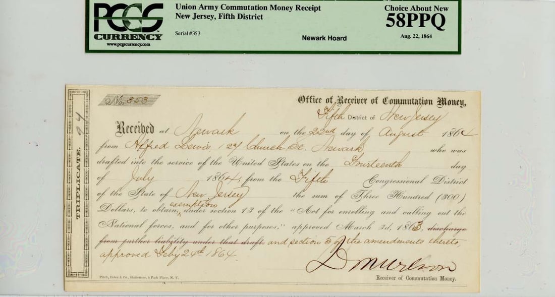 Union Army Commutation Money Receipt 1864 PCGS AU58 Certified (1 of 2)