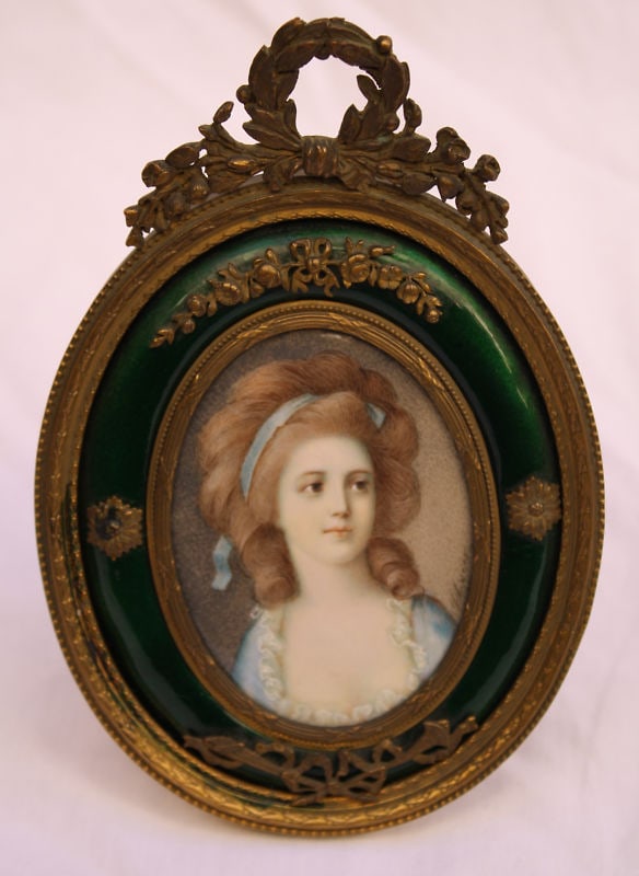 19th Century French Watercolor Painting Signed in Bronze Enamel Frame (1 of 8)