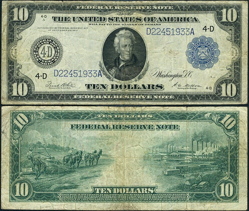 1914 $10 Federal Reserve Note Cleveland VF Circulated: 1914 $10 Federal Reserve Note Cleveland VF Circulated This is a $10 Federal Reserve Note from 1914, specifically from the Cleveland district (FR. 919 A). The note is circulated and is graded as Very F