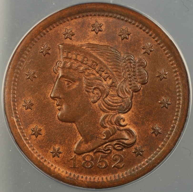 1852 Braided Hair Large Cent 1c ANACS MS-64 RB Copper Coin (1 of 4)