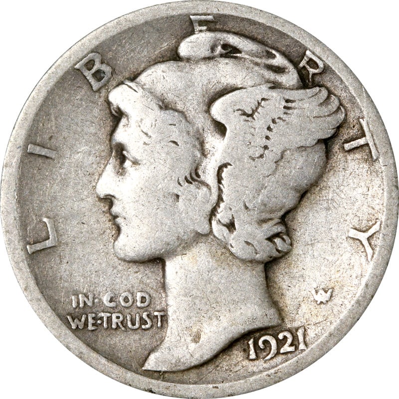 1921 Denver Mint Silver Mercury Dime Uncertified Circulated Coin (1 of 2)