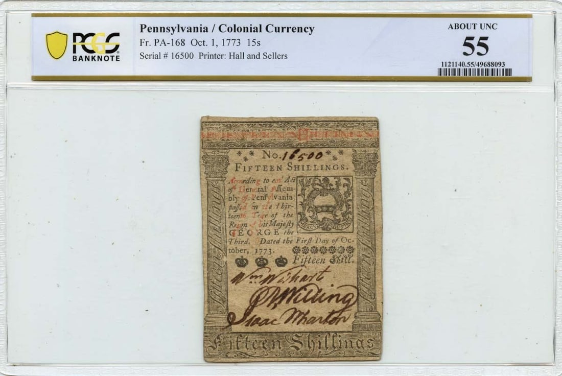 1773 15 Shillings Pennsylvania Colonial Note PCGS AU55 Certified (1 of 2)