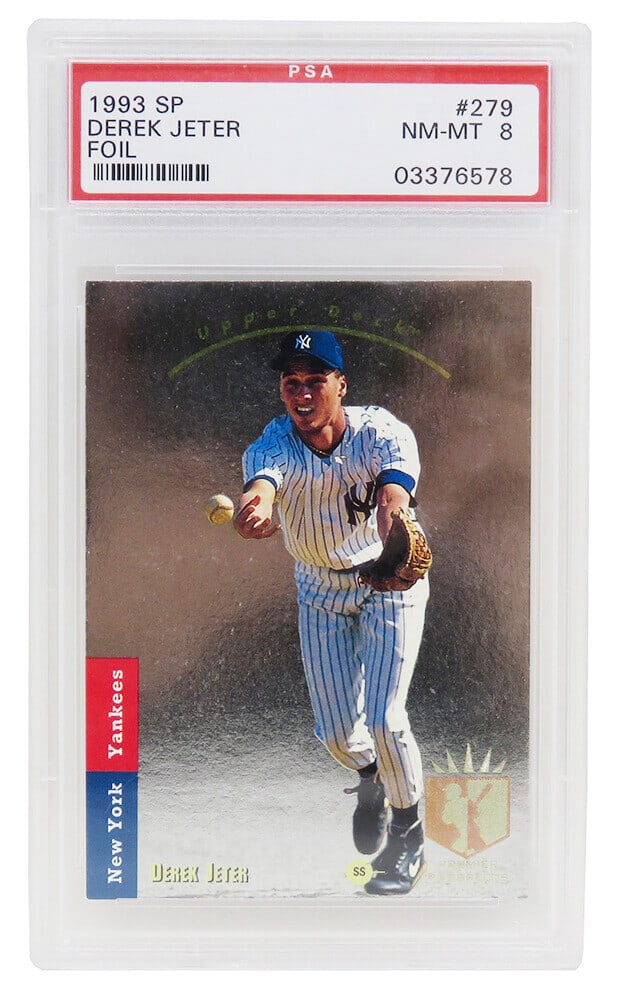 Derek Jeter 1993 SP Foil Rookie Card #279 PSA 8 New York Yankees: Derek Jeter 1993 SP Foil Rookie Card #279 PSA 8 New York Yankees This listing features a 1993 SP Foil Rookie Card #279 of baseball legend Derek Jeter, encapsulated and graded NM-MT (Near Mint - Mint)