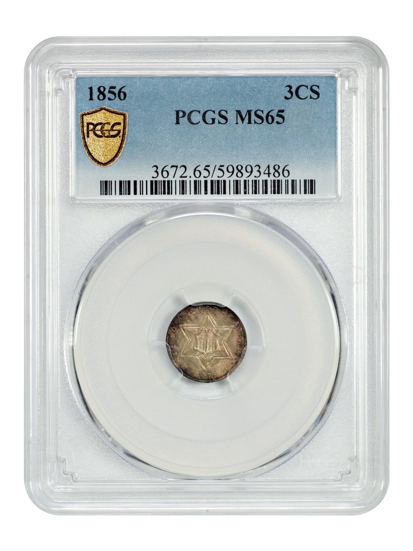 1856 Three Cent Silver Coin PCGS Graded MS65 Uncirculated: 1856 Three Cent Silver Coin PCGS Graded MS65 Uncirculated This 1856 Three Cent Silver coin is a desirable example from the scarce type two 3-cent silver series. Graded MS65 by PCGS, it features lovely