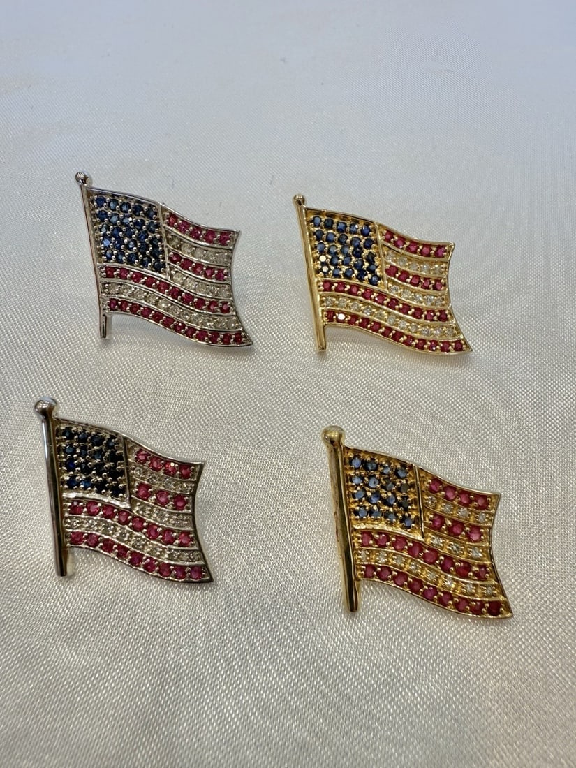 14K Multi-Tone Gold Diamond Ruby Sapphire US Flag Jewelry Pin Set (1 of 7)