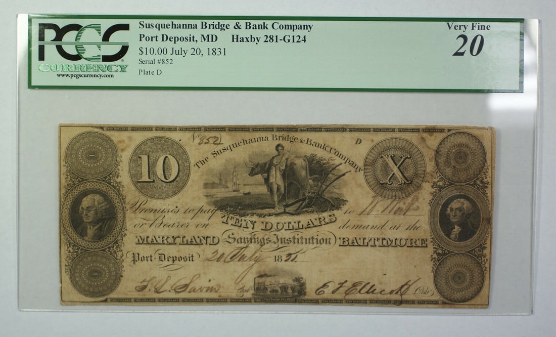1831 $10 Susquehanna Bridge Bank Obsolete Currency PCGS VF-20 (1 of 2)