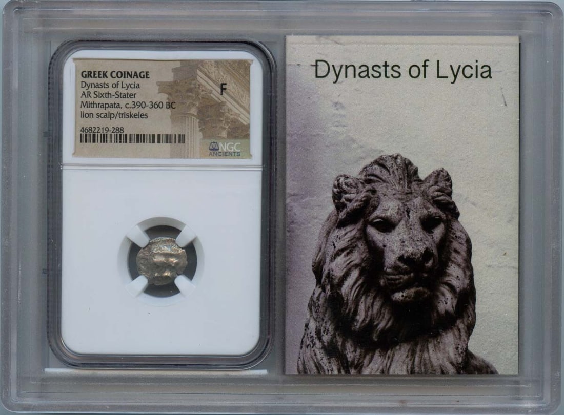 Dynasts of Lycia Greek AR Sixth-Stater NGC Certified F12 Coin: Dynasts of Lycia Greek AR Sixth-Stater NGC Certified F12 Coin Own a piece of ancient history with this Greek AR Sixth-Stater from the Dynasts of Lycia, certified by NGC with a grade of F12. This coin