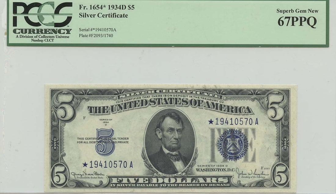 1934D $5 Silver Certificate FR#1654* PCGS 67 Uncirculated Star Note (1 of 2)