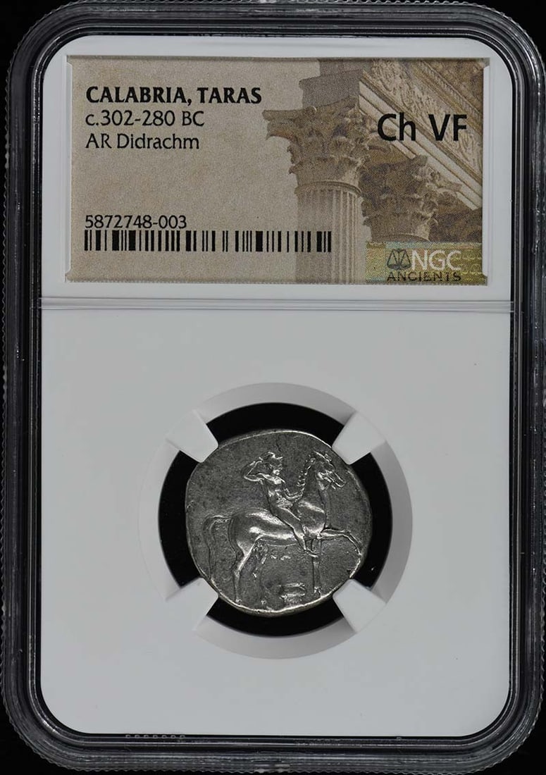 Calabria Taras AR Didrachm c.302-280 BC NGC Ch VF: Calabria Taras AR Didrachm c.302-280 BC NGC Ch VF This ancient coin is a Didrachm from Taras, Calabria, dating back to c. 302-280 BC. It has been certified by NGC with a grade of Ch VF (Choice Very Fi
