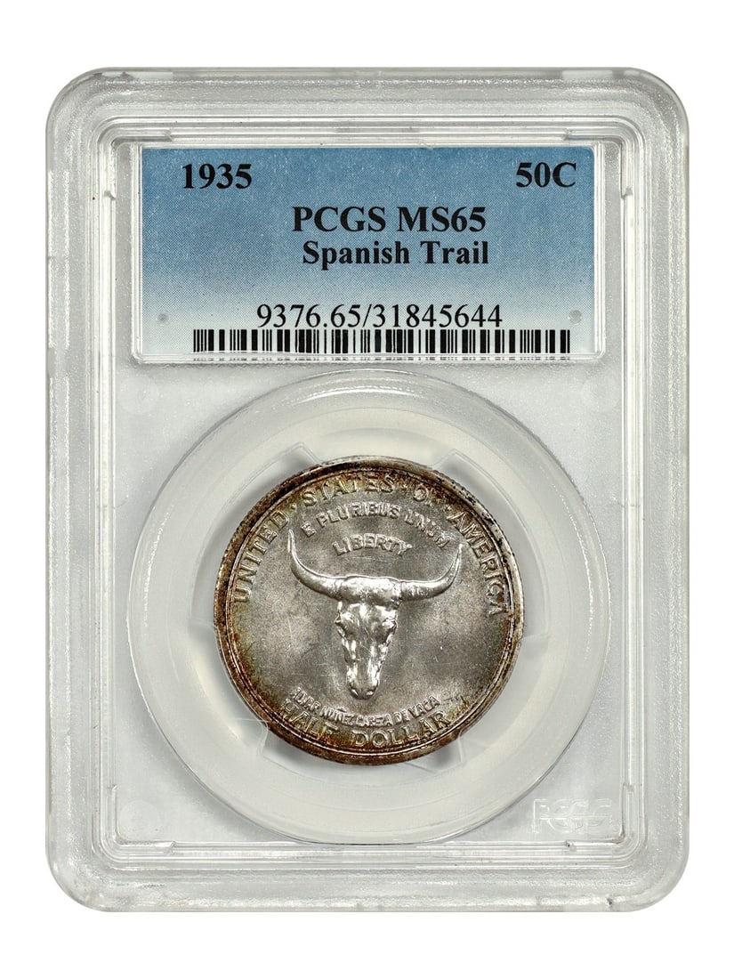 1935 50C Spanish Trail PCGS MS65 Classic Silver Commemorative Coin: 1935 50C Spanish Trail PCGS MS65 Classic Silver Commemorative Coin This 1935 50C Spanish Trail coin is a remarkable example of a Classic Silver Commemorative. Certified by PCGS with a certification nu