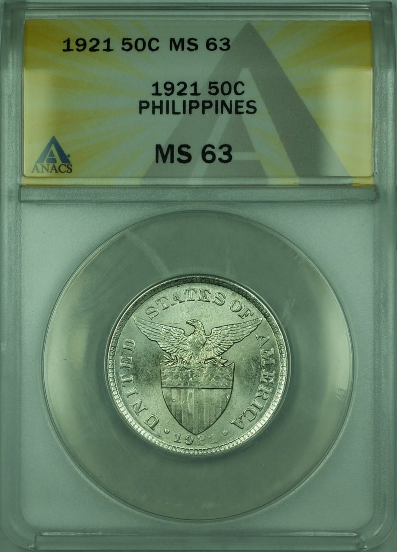 1921 Philippines 50 Centavos Silver Coin ANACS MS-63 KM#171: 1921 Philippines 50 Centavos Silver Coin ANACS MS-63 KM#171 This stunning 1921 50 Centavos silver coin from the Philippines has been certified by ANACS with a grade of MS-63, indicating its uncirculat