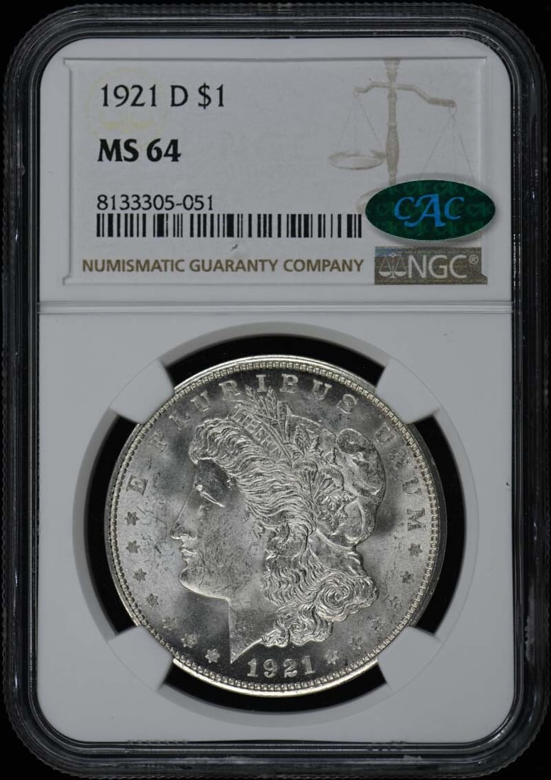 1921-D Morgan Dollar NGC MS64 with CAC Certification: 1921-D Morgan Dollar NGC MS64 with CAC Certification This 1921-D Morgan Dollar is a stunning example of American numismatic history, featuring a grade of MS64 from NGC, certified under number 81333050