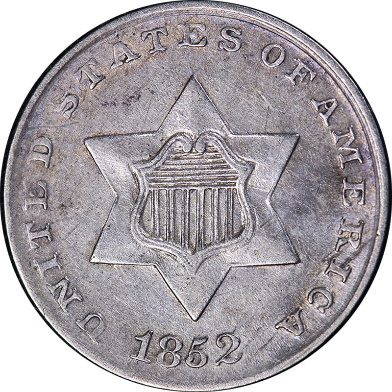 1852 Three Cent Silver Coin AU/BU Strong Eye Appeal (1 of 2)