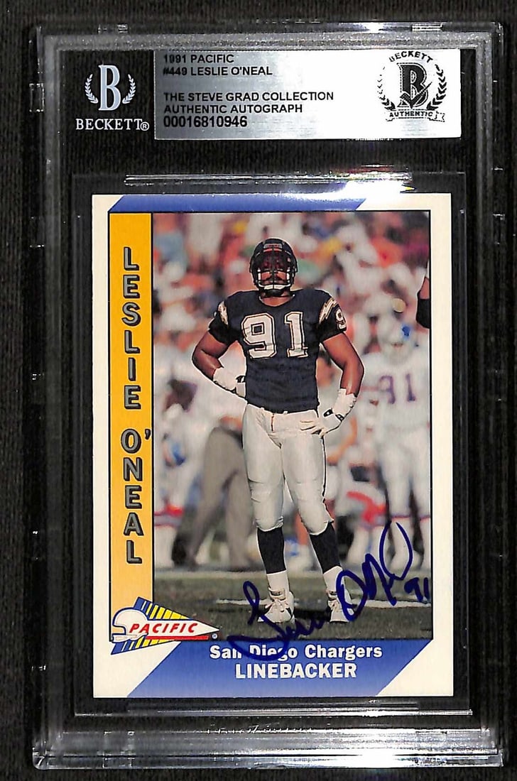 Leslie O'Neal Signed 1991 Pacific #449 Football Card Beckett Authenticated (1 of 1)