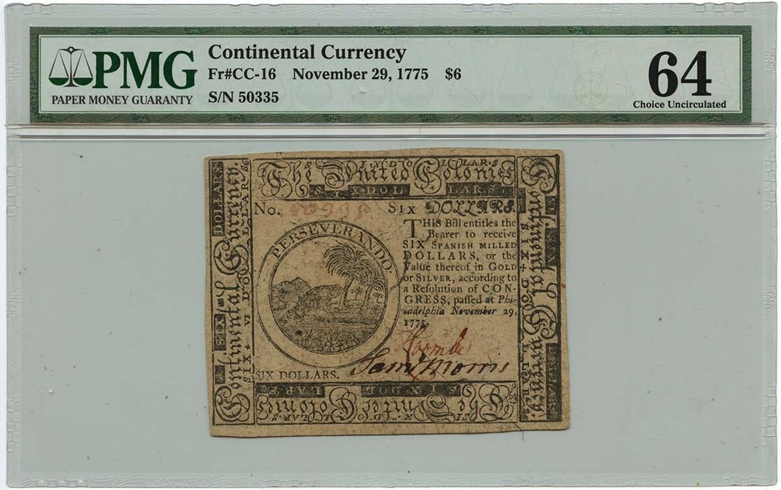 1775 $6 Continental Currency Type CC16 Graded MS64 PMG Certified (1 of 2)