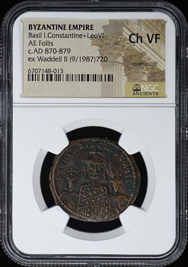 Basil I Constantine Leo VI Byzantine Empire AE Follis NGC Ch VF: Basil I Constantine Leo VI Byzantine Empire AE Follis NGC Ch VF This item is an authentic Byzantine Empire AE Follis featuring the emperors Basil I, Constantine, and Leo VI. The coin is certified by N