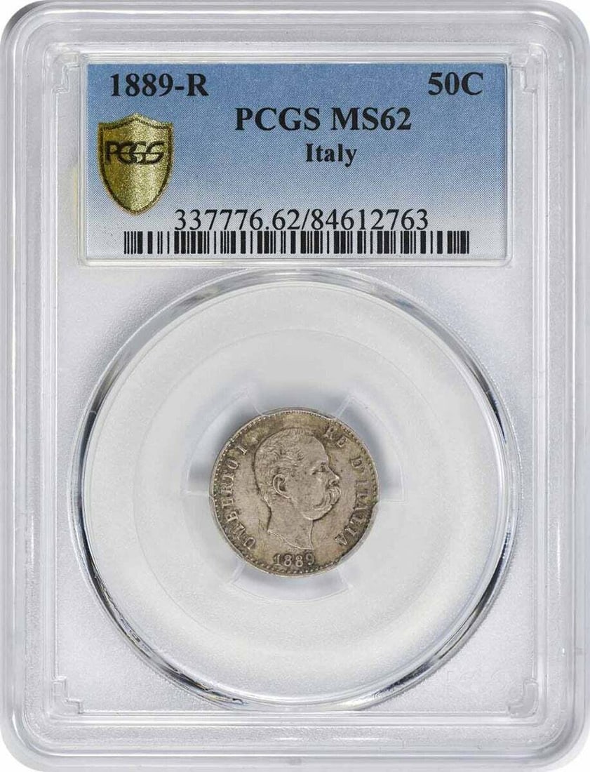1889-R Italy 50 Centesimi Silver Coin MS62 Certified by PCGS: 1889-R Italy 50 Centesimi Silver Coin MS62 Certified by PCGS This 1889-R Italy 50 Centesimi coin is certified by PCGS and graded MS62, making it an excellent addition for collectors. It is composed of