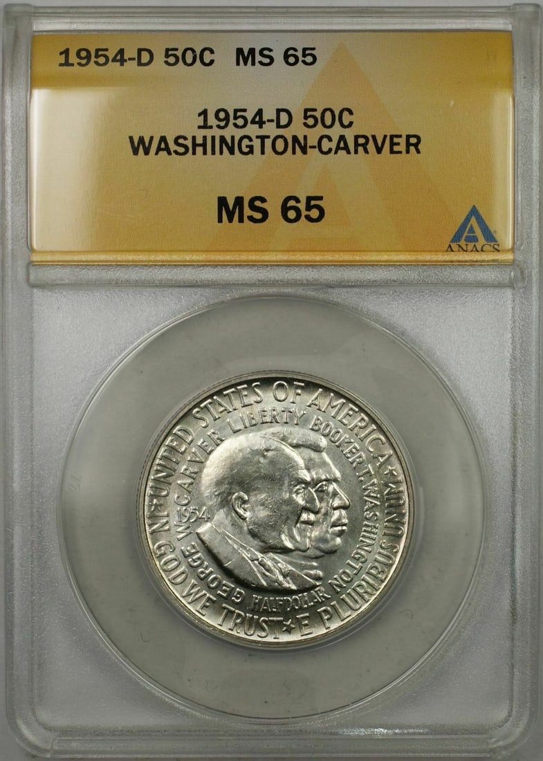 1954-D Washington-Carver Silver Half-Dollar Coin ANACS MS-65 Uncirculated: 1954-D Washington-Carver Silver Half-Dollar Coin ANACS MS-65 Uncirculated This 1954-D Washington-Carver Silver Half-Dollar Coin features a stunning uncirculated grade of MS-65, certified by ANACS. Min