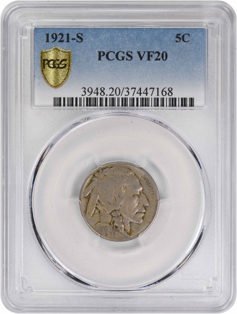 1921-S Buffalo Nickel VF20 Certified PCGS: 1921-S Buffalo Nickel VF20 Certified PCGS This 1921-S Buffalo Nickel is a notable piece of American numismatics, featuring a design that showcases the iconic buffalo and Native American profile. Certi