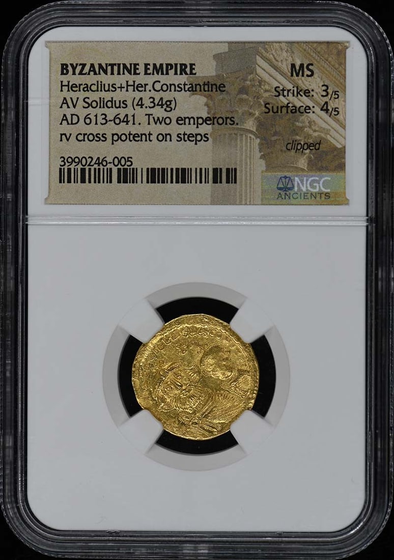 Constantine Heraclius Byzantine Empire AV Solidus NGC MS Certified: Constantine Heraclius Byzantine Empire AV Solidus NGC MS Certified This Byzantine Empire AV Solidus features the reign of Emperor Constantine Heraclius. The coin is certified by NGC with a certificati