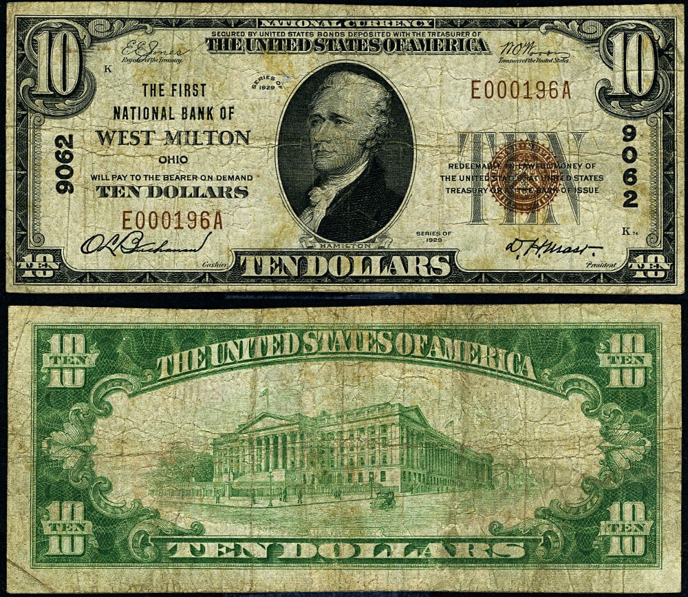 $10 1929 T-1 National Bank Note West Milton OH Ch #9062 (1 of 3)
