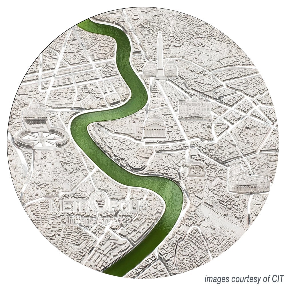 2022 3oz Silver Tiffany Art Roma Ultra High Relief Coin: 2022 3oz Silver Tiffany Art Roma Ultra High Relief Coin Celebrate the beauty of Paris with the 2022 3oz Silver Tiffany Art coin, featuring the stunning Metropolis design. This exquisite piece showcase