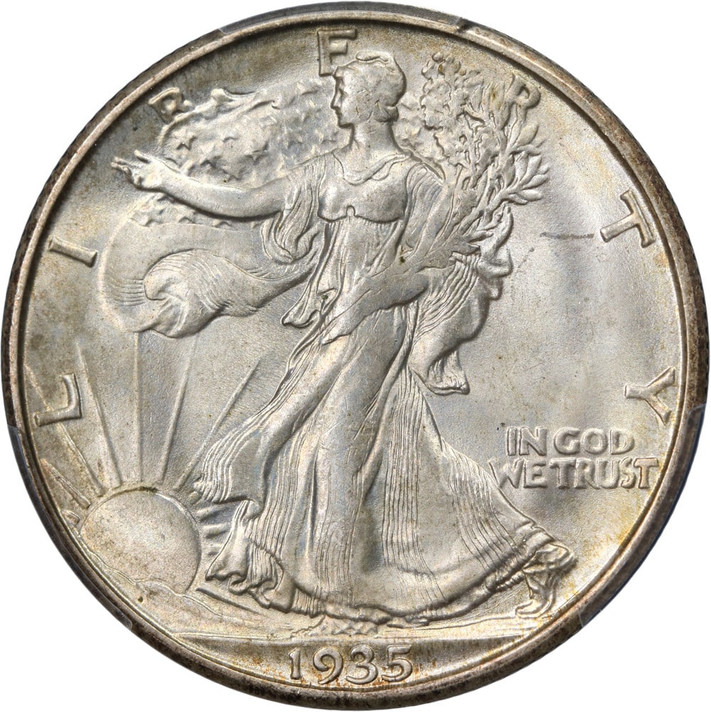 1935-D Walking Liberty Half PCGS MS65+ Uncirculated Silver Coin: 1935-D Walking Liberty Half PCGS MS65+ Uncirculated Silver Coin This stunning 1935-D Walking Liberty Half Dollar is certified by PCGS with a grade of MS65+, showcasing superb eye appeal. It features f