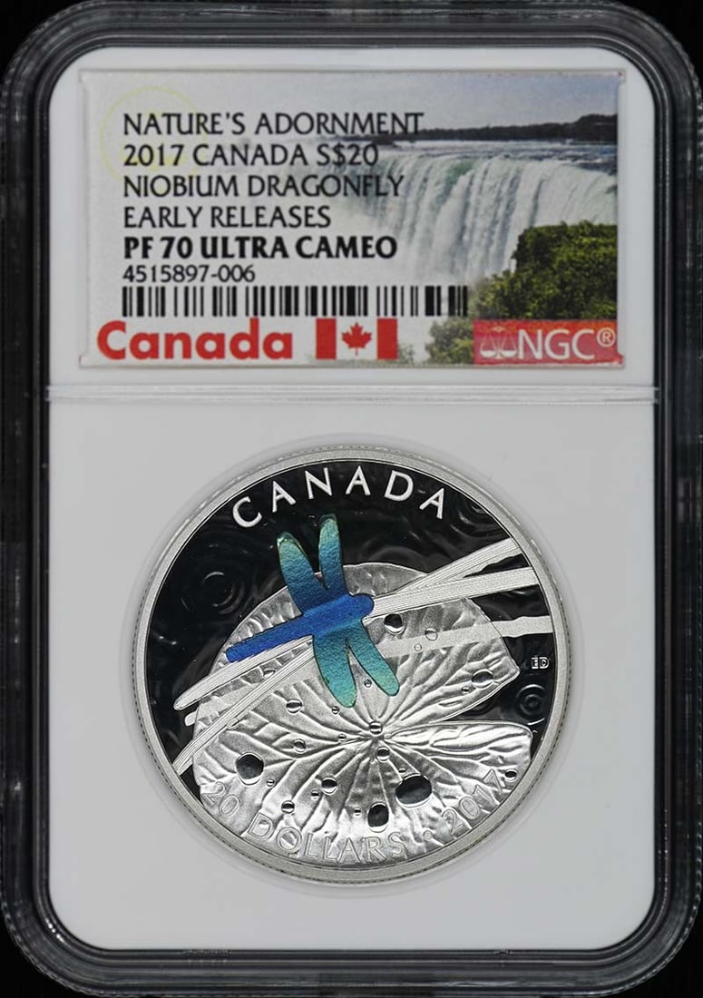 2017 Canada Niobium Dragonfly S$20 NGC PR70DCAM Early Release: 2017 Canada Niobium Dragonfly S$20 NGC PR70DCAM Early Release This 2017 Canada Niobium Dragonfly coin is an exquisite example of numismatic artistry, featuring a stunning design that captures the intr