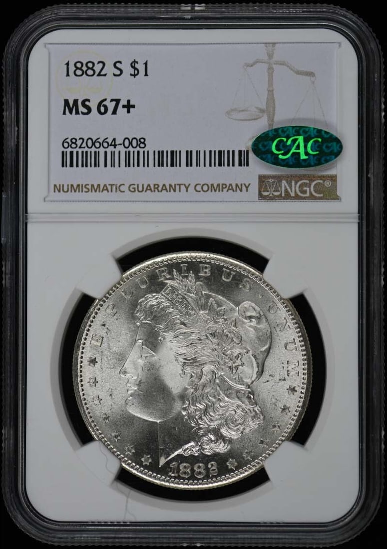 1882-S Morgan Dollar NGC MS67+ CAC Certified Uncirculated: 1882-S Morgan Dollar NGC MS67+ CAC Certified Uncirculated This 1882-S Morgan Dollar is a stunning example of American numismatic history, boasting an impressive grade of MS67+ from NGC, with a CAC des