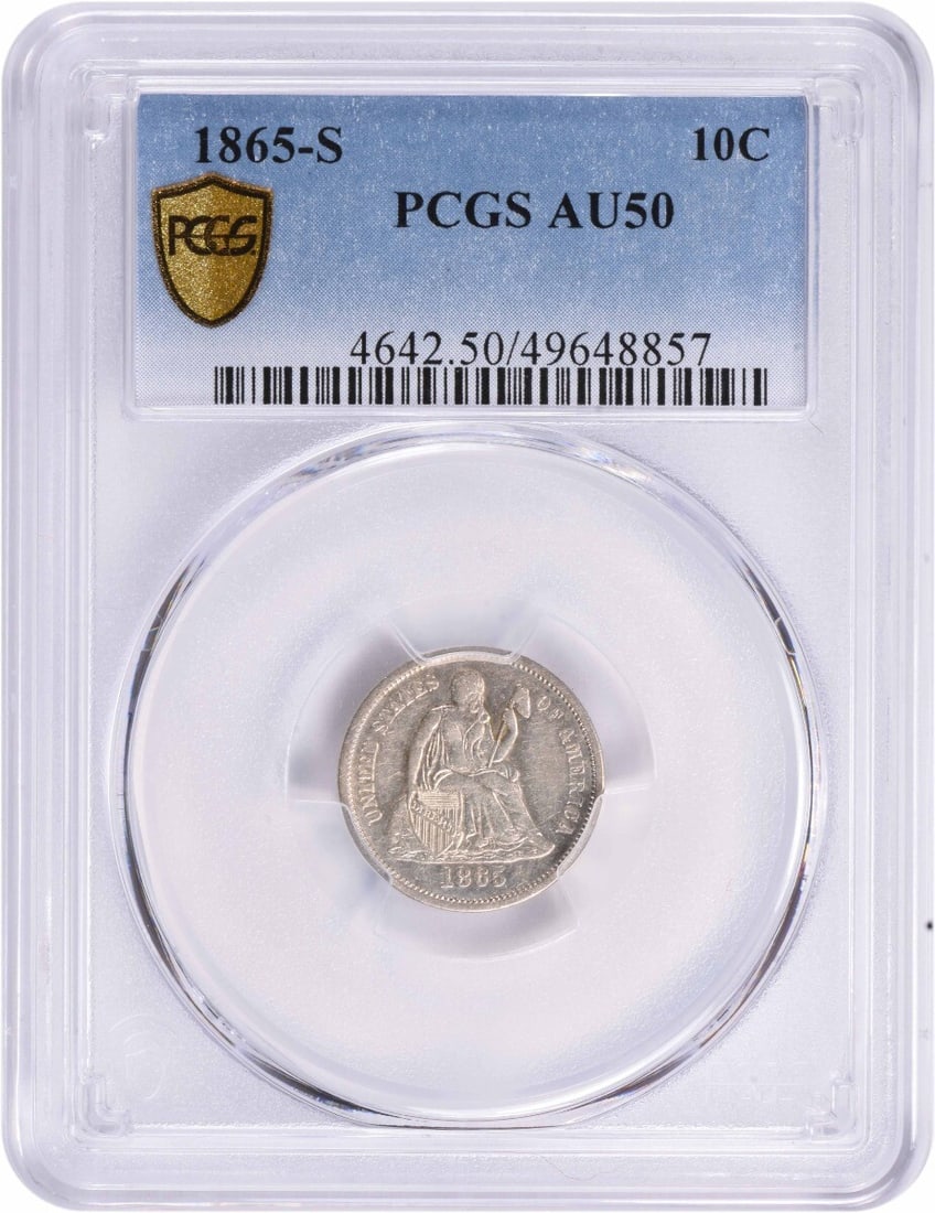1865-S Liberty Seated Silver Dime AU50 PCGS 10C San Francisco: 1865-S Liberty Seated Silver Dime AU50 PCGS 10C San Francisco This 1865-S Liberty Seated Silver Dime is an exquisite piece for collectors, certified by PCGS with a grade of AU50. Featuring a 90% silve