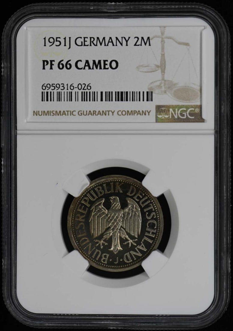 1951 Germany 2 Mark Coin NGC PR66 Certified Uncirculated: 1951 Germany 2 Mark Coin NGC PR66 Certified Uncirculated This stunning coin from Germany, minted in 1951, is certified by NGC with a grade of PR66CAM, indicating its exceptional quality and eye appeal