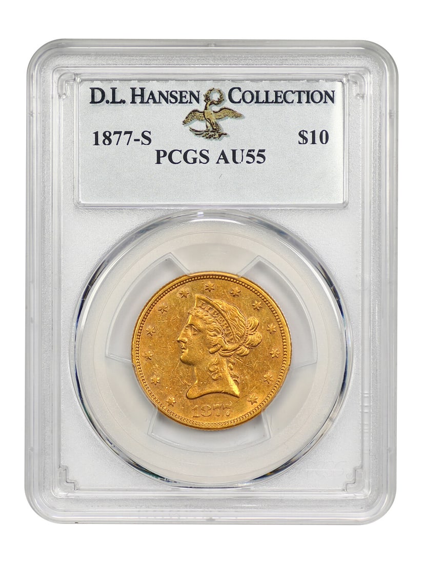 1877-S $10 Liberty Head Coin PCGS AU55 Limited Mintage: 1877-S $10 Liberty Head Coin PCGS AU55 Limited Mintage This 1877-S $10 Liberty Head coin is a remarkable example of historical American currency. Graded AU55 by PCGS, it exhibits a rich orange-gold co
