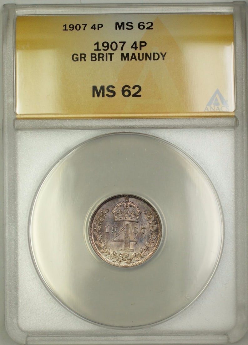 1907 Great Britain Edward VII Maundy 4 Pence Silver Coin ANACS MS62: 1907 Great Britain Edward VII Maundy 4 Pence Silver Coin ANACS MS62 This 1907 Great Britain King Edward VII Maundy 4P Four Pence Silver Coin is a remarkable piece of numismatic history. Certified by A