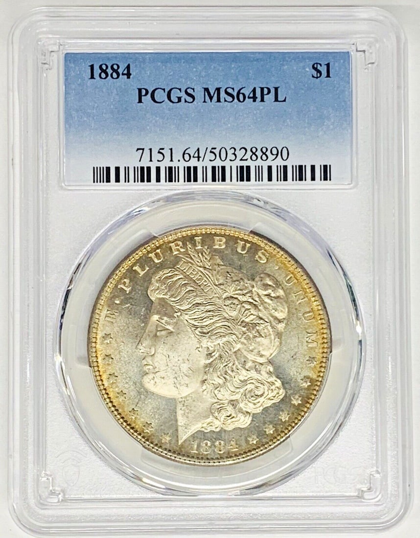 1884 Morgan Silver Dollar Coin PCGS MS 64 PL Silver Uncirculated: 1884 Morgan Silver Dollar Coin PCGS MS 64 PL Silver Uncirculated This 1884 Morgan Silver Dollar Coin is a stunning piece of American numismatic history. Featuring a denomination of $1, it showcases th